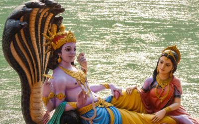 Rishikesh, India. Beautiful statues of Lord Vishnu and Lakshmi at the Ganga riverbank in Rishikesh.