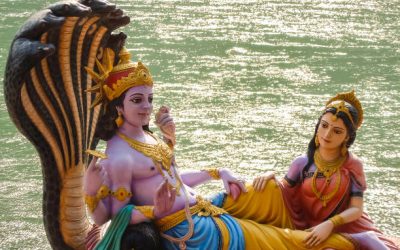 Rishikesh, India. Beautiful statues of Lord Vishnu and Lakshmi at the Ganga riverbank in Rishikesh.