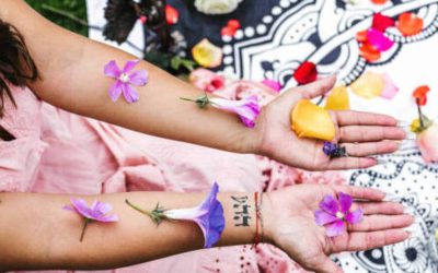 Young mexican woman with flowers on her arms sitting on her legs for holistic session in Mexico